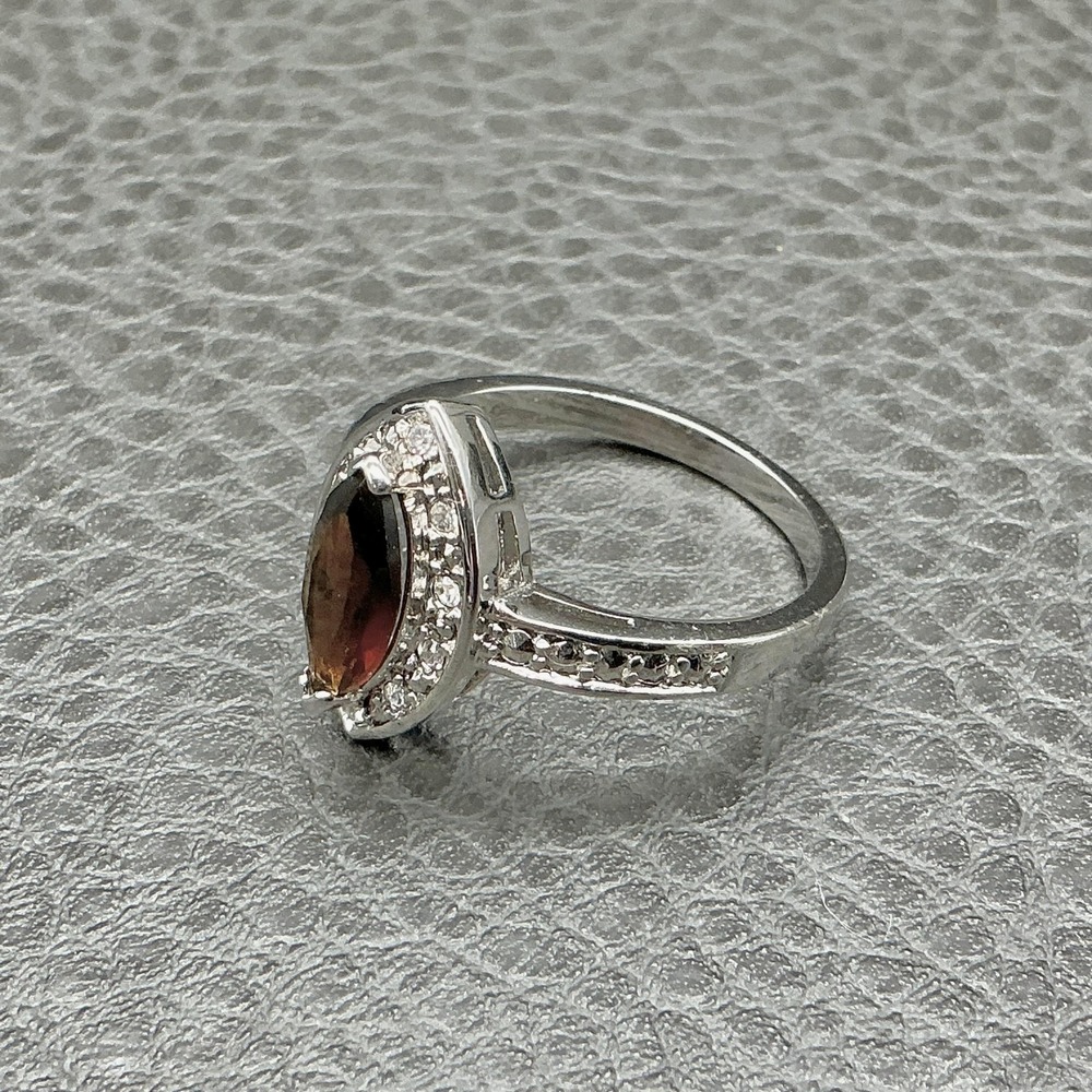 Silver Tone Marquise Bronze Crystal Ring Size 10 Halo CZ Accent Jewelry Womens